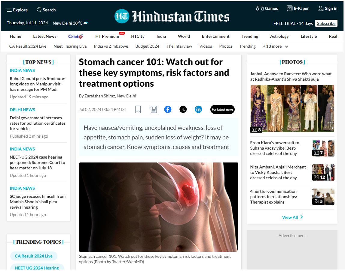 maharashtra time newspaper - stomach cancer care